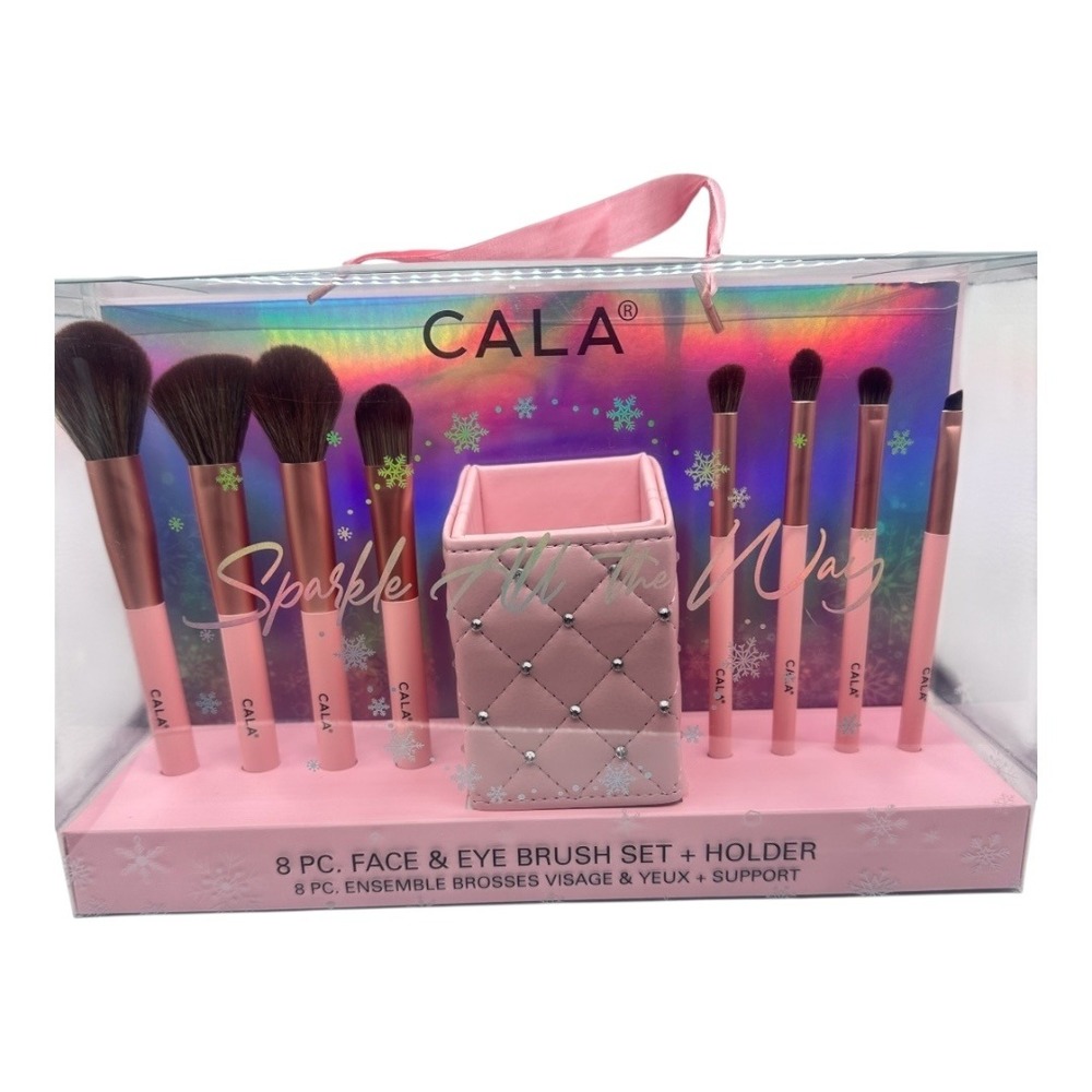 CALA 8‎ Pc Face & Eye Brush Set w Holder Pink Sparkle NIB